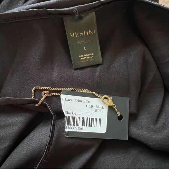 Meshki Satin Lace Trim Black Slip Mini Dress NEW Size Large - Picture 7 of 7